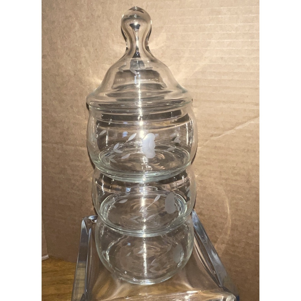 Princess House Heritage 3 Tiered Candy/Trinket Tower w/Lid Vintage Floral Etched